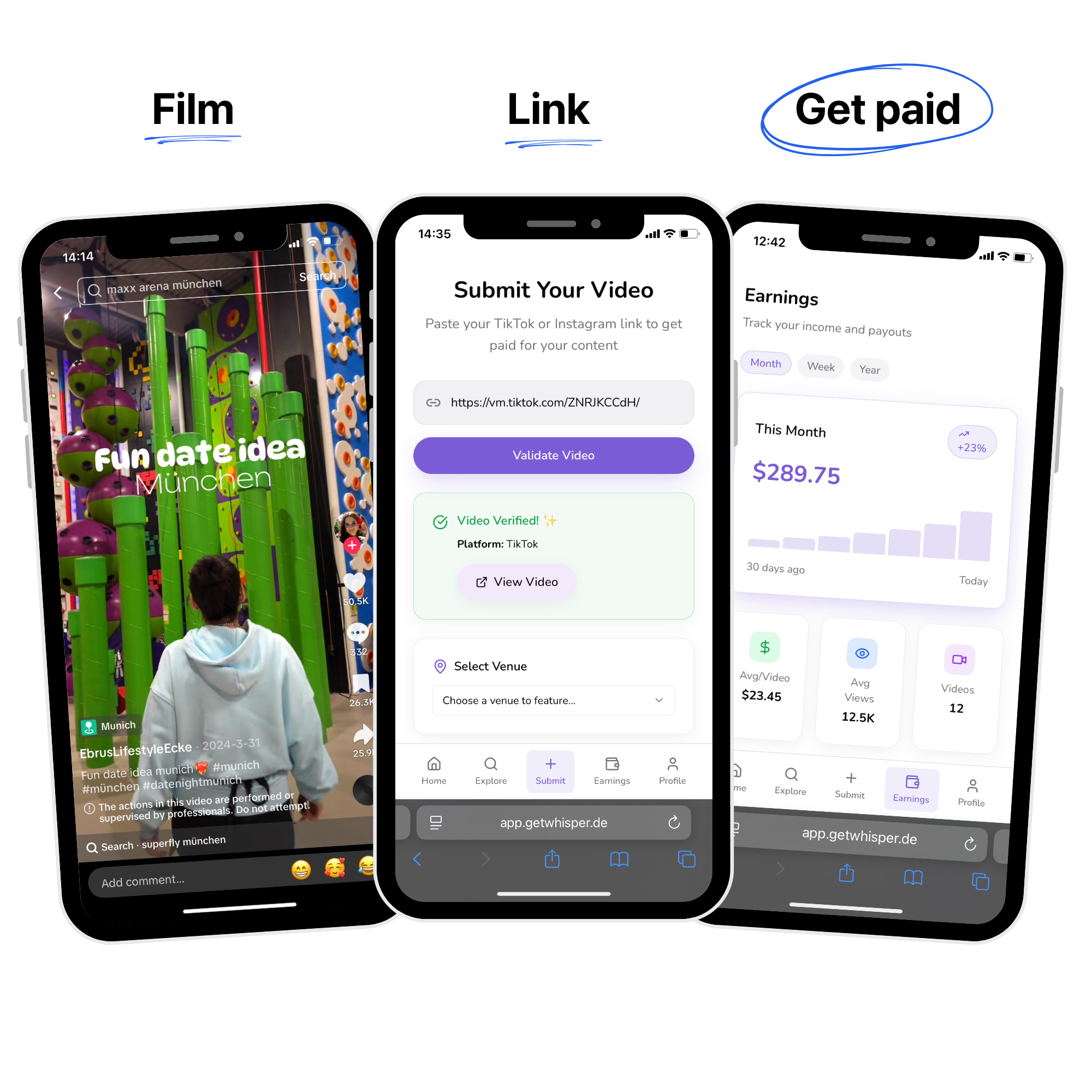 Whisper creator flow showing submission and payout